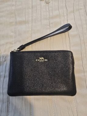 Coach Black Leather Zip Wristlet with Gold Logo Accent